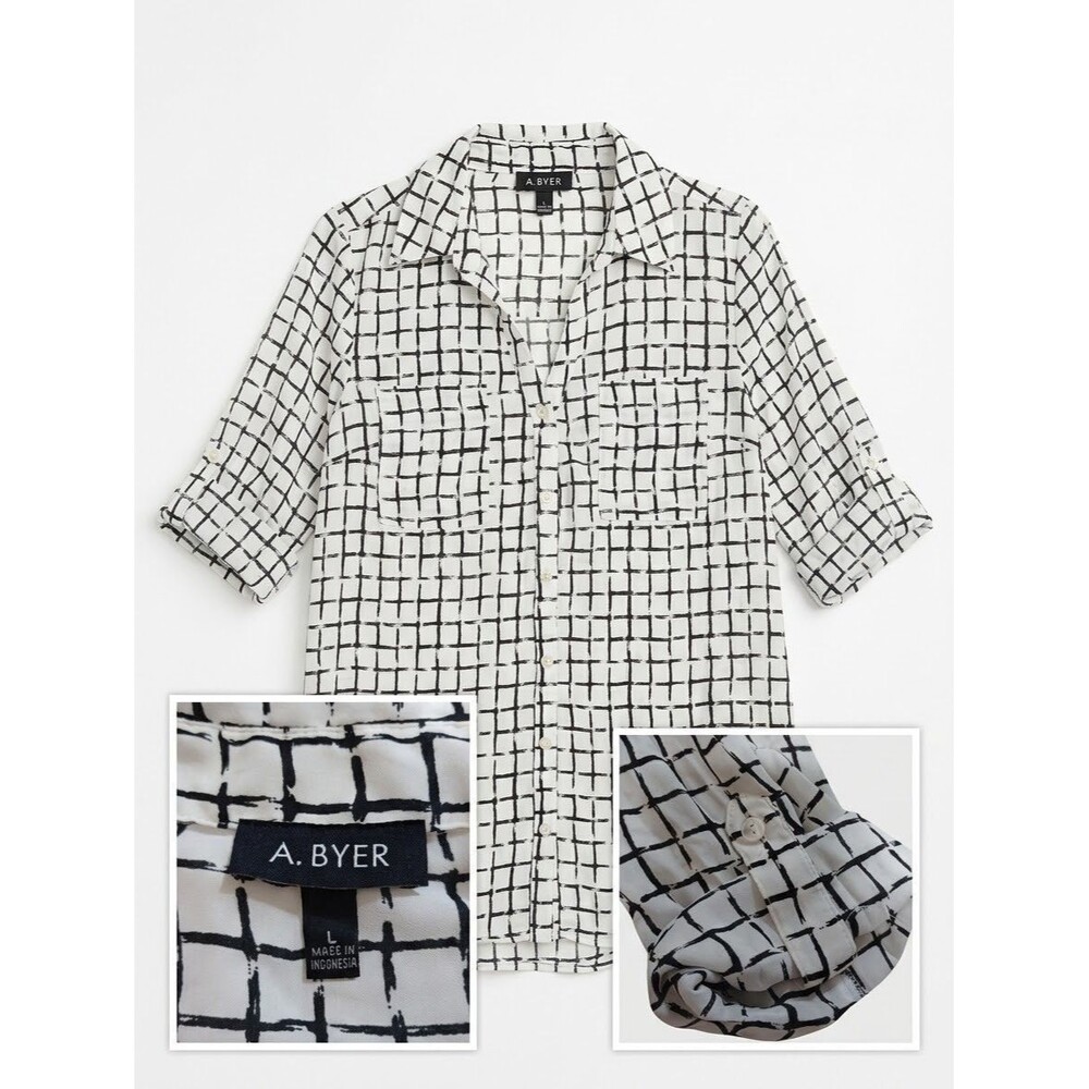 Byer Womens White Black Grid Plaid Button Down Blouse Roll Tab Sleeve Size L